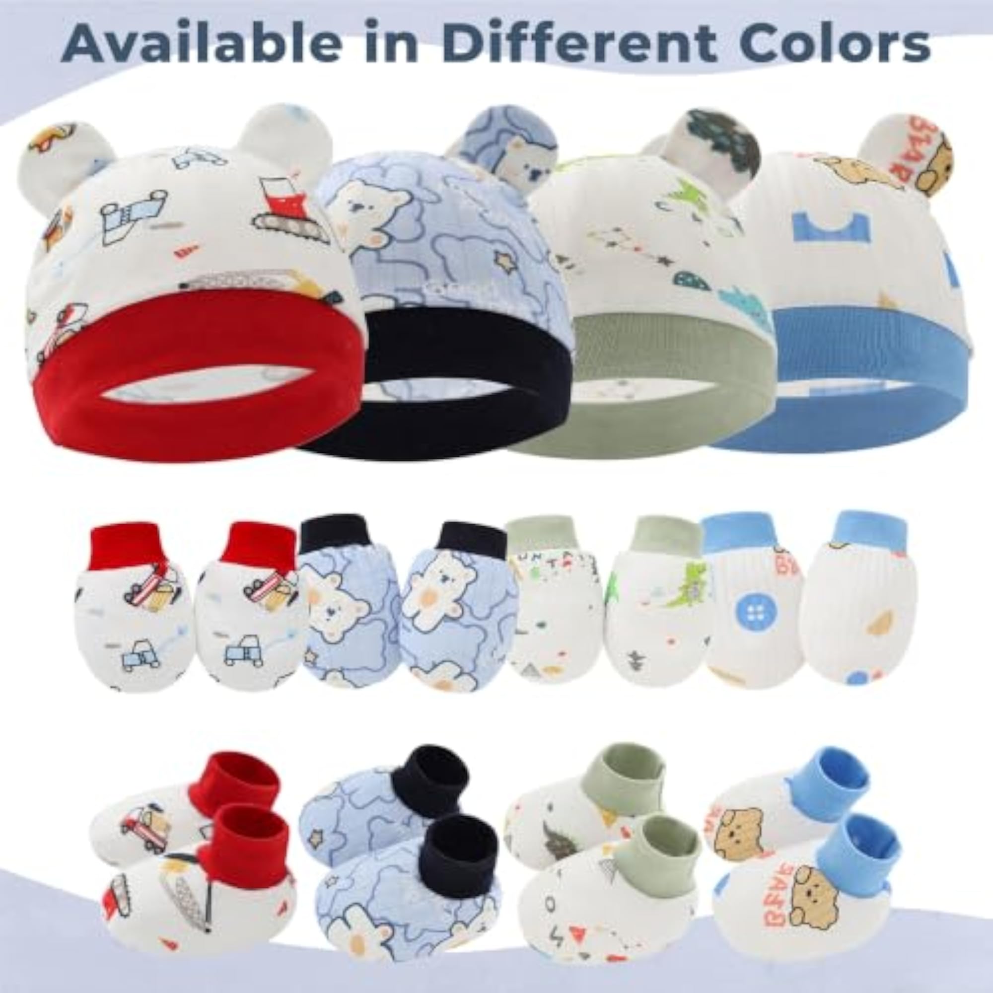 Newborn Cap Mittens and Booties Set for 0-3 Months, Teddy Print